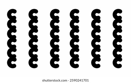 a black and white abstract vector illustration featuring vertical, wavy, repeating patterns resembling curly brackets or stylized waves. 