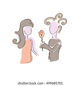 Black and white abstract vector illustration of boy gives flower to girl. Couple in love. Love story.
