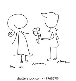 La ilustración abstracta de los niños en blanco y negro da flores a las niñas.Pareja enamorada. Historia de amor.