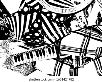 Black and white abstract vector image. Patchwork, mosaic, textures, distressed, collage, graphic. Black & white, monochrome.