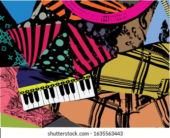 Black and white abstract vector image. Patchwork, mosaic, textures, distressed, collage, graphic. Colorful, retro vibes.
