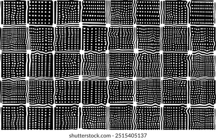 Black and white abstract vector lines in square blocks: geometric pattern for fabric prints and graphic designing.