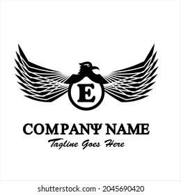 Logo de vector abstracto en blanco y negro. ilustración del símbolo del águila y el e inicial en un círculo. Plantilla de logotipo para empresas. Simple y fresco