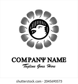 Logo de vector abstracto en blanco y negro. ilustración del símbolo del águila en círculo con adorno de plumas. Plantilla de logotipo para empresas. Simple y fresco