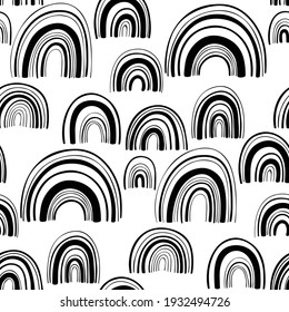 Black and white abstract vector seamless pattern with rainbows