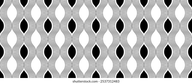 Black and white abstract vector seamless pattern. Curved lines or waves.