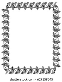 Black and white abstract vertical frame with decorative flowers. Copy space. Vector clip art.