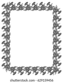 Black and white abstract vertical frame with decorative flowers. Copy space. Vector clip art.