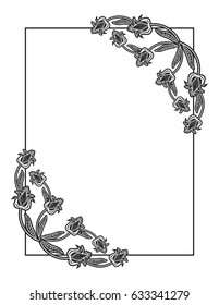 Black and white abstract vertical frame with decorative flowers. Copy space. Vector clip art.