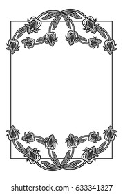 Black and white abstract vertical frame with decorative flowers. Copy space. Vector clip art.