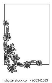Black and white abstract vertical frame with decorative flowers. Copy space. Vector clip art.