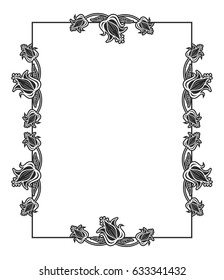 Black and white abstract vertical frame with decorative flowers. Copy space. Vector clip art.