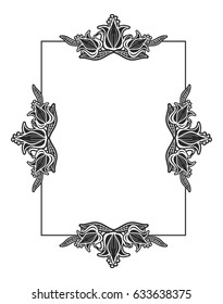 Black and white abstract vertical frame with decorative flowers. Copy space. Vector clip art.
