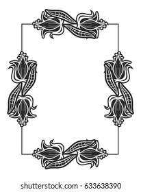 Black and white abstract vertical frame with decorative flowers. Copy space. Vector clip art.