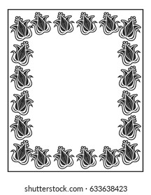 Black and white abstract vertical frame with decorative flowers. Copy space. Vector clip art.