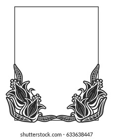 Black and white abstract vertical frame with decorative flowers. Copy space. Vector clip art.