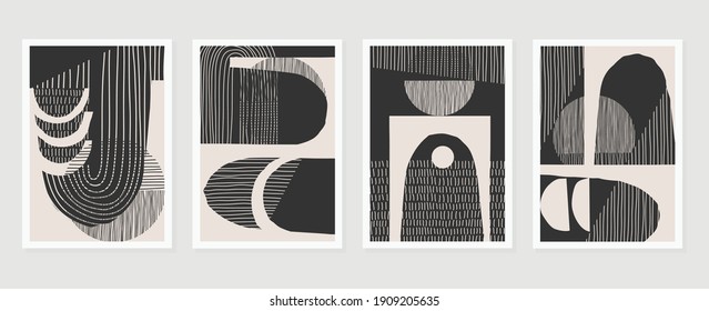 Black And White Abstract Wall Arts Background Vector. Hand Draw Organic Shape Design For Wall Framed Prints, Canvas Prints, Poster, Home Decor, Cover, Wallpaper. Vector Illustration