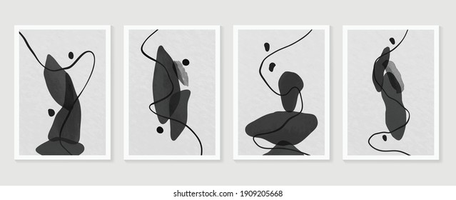 Black and white abstract wall arts background vector. Hand draw Organic shape design for wall framed prints, canvas prints, poster, home decor, cover, wallpaper. Vector illustration