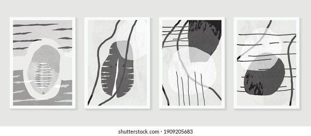 Black and white abstract wall arts background vector. Hand draw Organic shape design for wall framed prints, canvas prints, poster, home decor, cover, wallpaper. Vector illustration