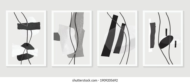 Black and white abstract wall arts background vector. Hand draw Organic shape design for wall framed prints, canvas prints, poster, home decor, cover, wallpaper. Vector illustration