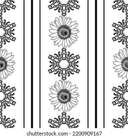 Abstrakte Tapeten in Schwarz-Weiß mit Blumen und Ornamenten. Nahtloses Muster. Vektorgrafik.