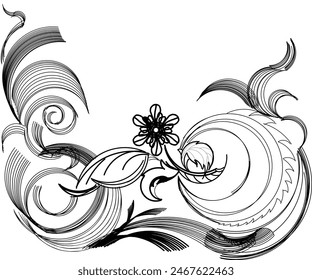 Black and white abstract wallpaper illustration design of curved stalk flower motifs