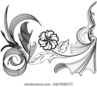 Black and white abstract wallpaper illustration design of curved stalk flower motifs