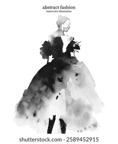 Black and White Abstract Watercolor Fashion Illustration 02. Vector fashionable silhouette. Stylish runway model in soft brushstrokes and alcohol ink, minimalist elegance.