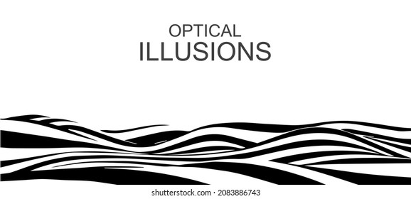 Black and white abstract wave with distortion effect. Optical illusion. Twisted vector illustration.