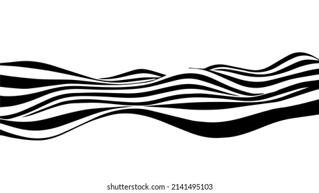 Black and white abstract wave with distortion effect. Optical illusion. Twisted vector illustration.