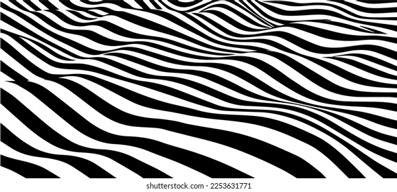 Black and white abstract wave with distortion effect. Optical illusion. Twisted vector illustration.