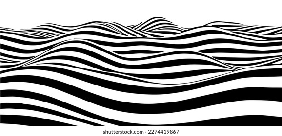 Black and white abstract wave with distortion effect. Optical illusion. Twisted vector illustration.