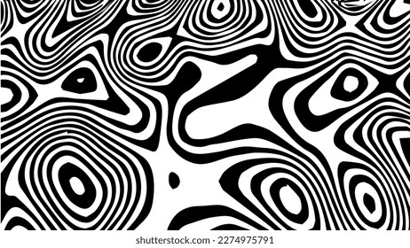 Black and white abstract wave with distortion effect. Optical illusion. Twisted vector illustration.