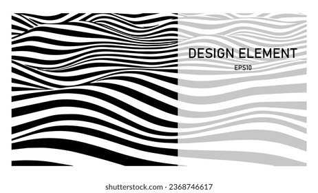 Black and white abstract wave with distortion effect. Optical illusion. Twisted vector illustration.
