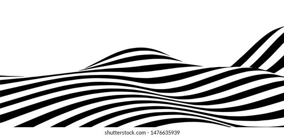 Black and white abstract wave. Optical illusion. Twisted vector illustration.