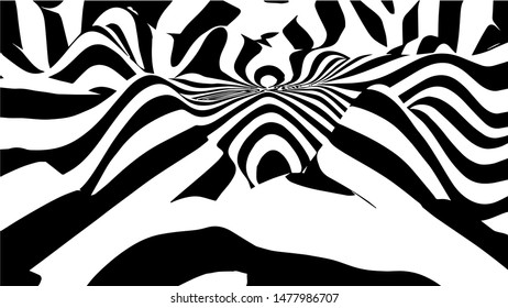 Black and white abstract wave. Optical illusion. Twisted vector illustration.