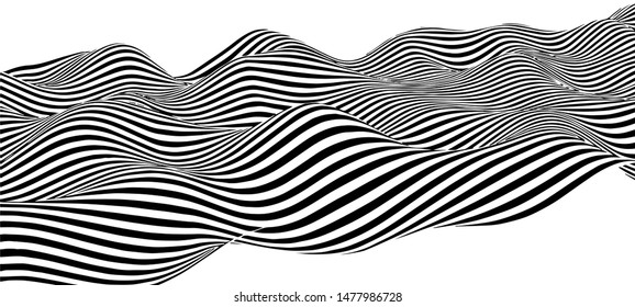 Black and white abstract wave. Optical illusion. Twisted vector illustration.