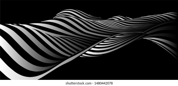 Black and white abstract wave. Optical illusion. Twisted vector illustration.