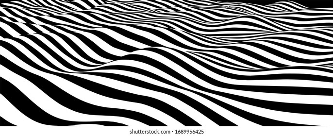 Black and white abstract wave. Optical illusion. Twisted vector illustration.