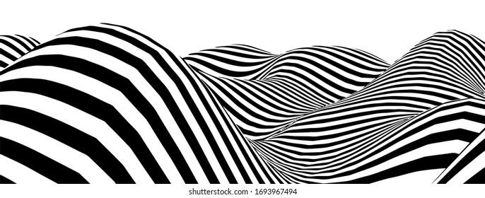 Black and white abstract wave. Optical illusion. Twisted vector illustration.