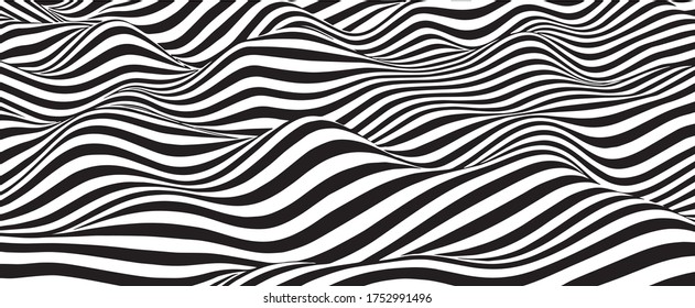 Black and white abstract wave. Optical illusion. Twisted vector illustration.