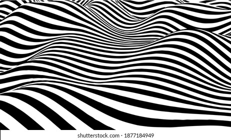 Black and white abstract wave. Optical illusion. Twisted vector illustration.