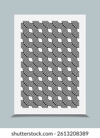 Black and white abstract wave pattern poster with seamless geometric lines, modern minimalist optical illusion design perfect for wall art, backgrounds, and prints