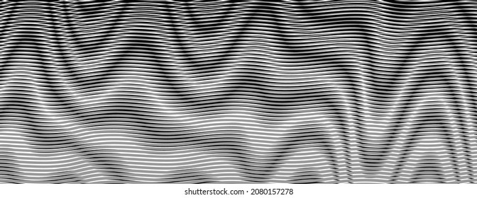 Black and white abstract wave striped banner with optical illusion and deformation effect. Modern background saver for web design, business card, mobile apps, poster, site banner, package.