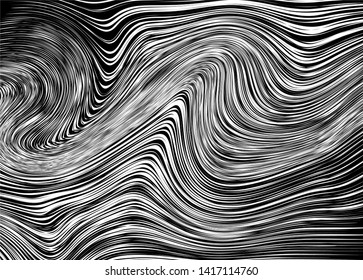 Black and white abstract waves of thin swirling lines. Modern vector monochrome background