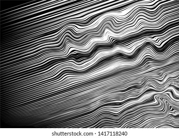 Black and white abstract waves of thin lines. Modern vector monochrome background