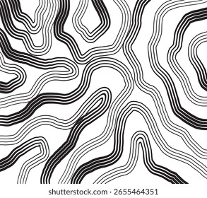 Patrón de línea ondulada abstracta en blanco y negro inspirado en mapas topográficos. Fondo moderno y mínimo perfecto para textiles, carteles, Fondos de pantalla y arte digital.