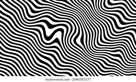 Padrão de linhas onduladas abstratas em preto e branco criando uma ilusão óptica. Fundo Groovy com efeito de distorção para o design moderno.