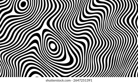 Black and white abstract wavy lines. Optical illusion background with flowing motion. Minimalist modern geometric art for design.