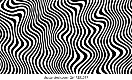 Black and white abstract wavy lines pattern creating an optical illusion. Groovy psychedelic striped background for modern design.